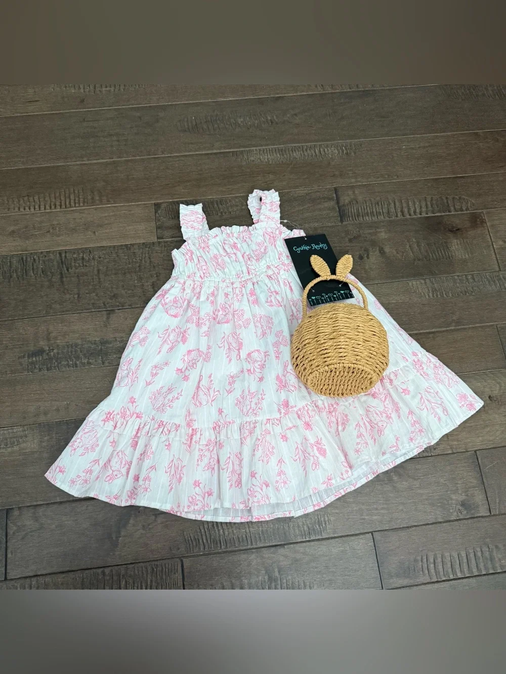 Cynthia Rowley Easter Dress Girls 4T Pink Bunnies Rabbits Spring with Basket